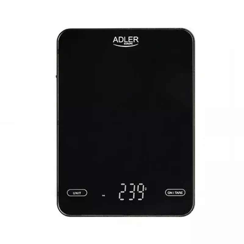 Elektroniskie virtuves svari Adler AD 3177b — 10 kg ietilpība, 1 g precizitāte, melna, stikla virsma