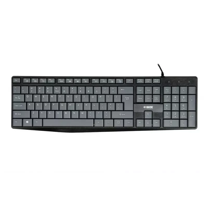 Vadu USB tastatūra IBOX Eris IKC2010G — pilna izmēra 105 taustiņi, USB, pelēka/melna, ūdensizturīga, 1,8 m kabelis
