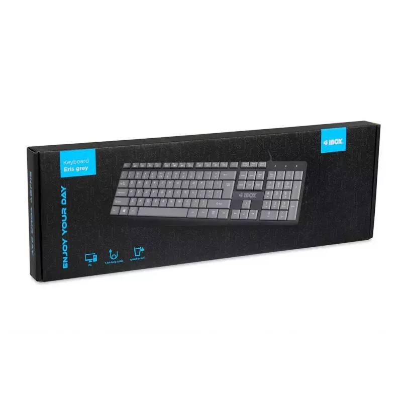 Vadu USB tastatūra IBOX Eris IKC2010G — pilna izmēra 105 taustiņi, USB, pelēka/melna, ūdensizturīga, 1,8 m kabelis