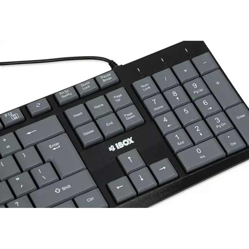Vadu USB tastatūra IBOX Eris IKC2010G — pilna izmēra 105 taustiņi, USB, pelēka/melna, ūdensizturīga, 1,8 m kabelis