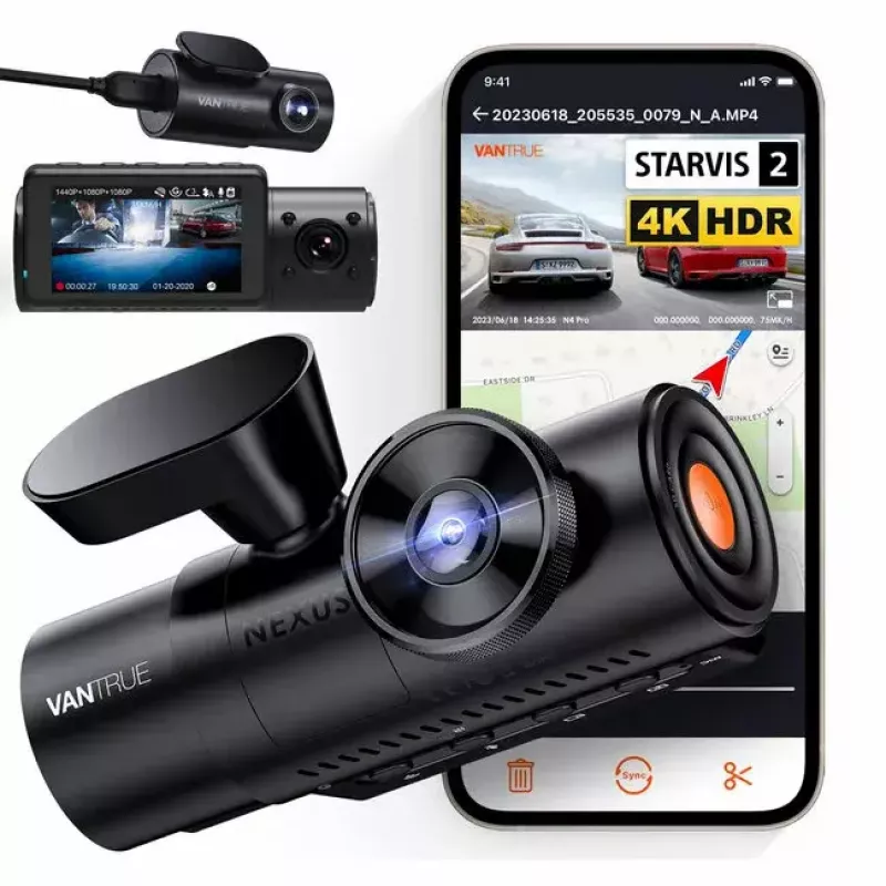 Dashcam VANTRUE N4 PRO 3 kanālu auto videoreģistrators, galvenā 3840×2160, 165° priekšējā, 160° salona, GPS, Wi‑Fi, IPS displejs, MicroSD līdz 512GB