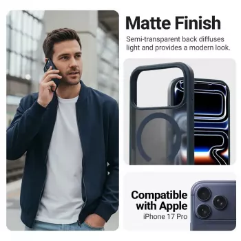 Aizsargājošs MagSafe viedtālruņa maciņš Crong Hybrid Matte Magnetic iPhone 17 Pro — PC + TPU, caurspīdīgi tumši zils