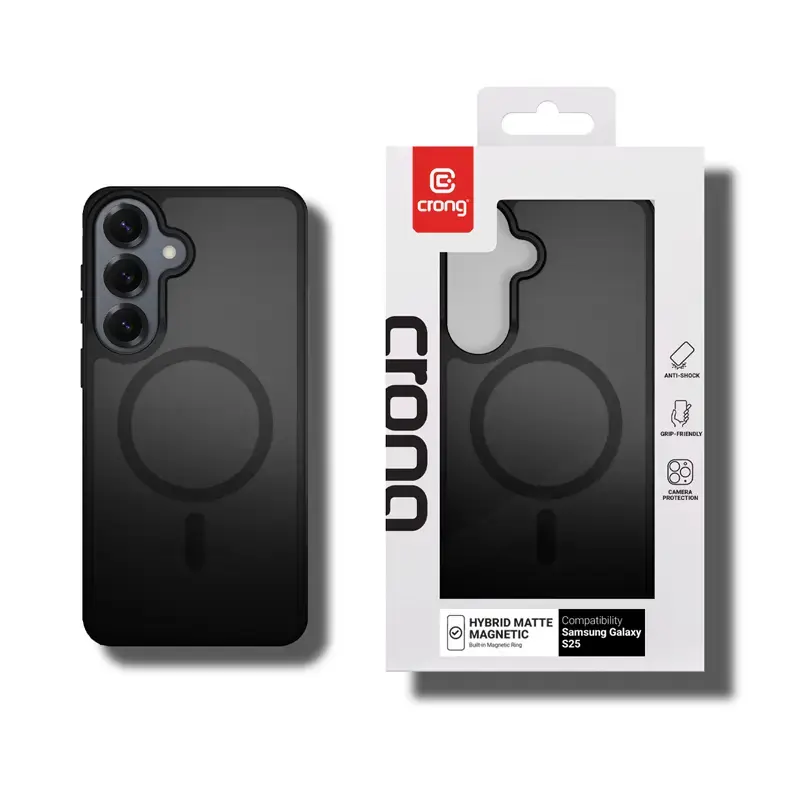 Crong Hybrid Matte Magnetic korpusiņš Samsung Galaxy S25 — TPU+PC, magnētiskie gredzeni, melns
