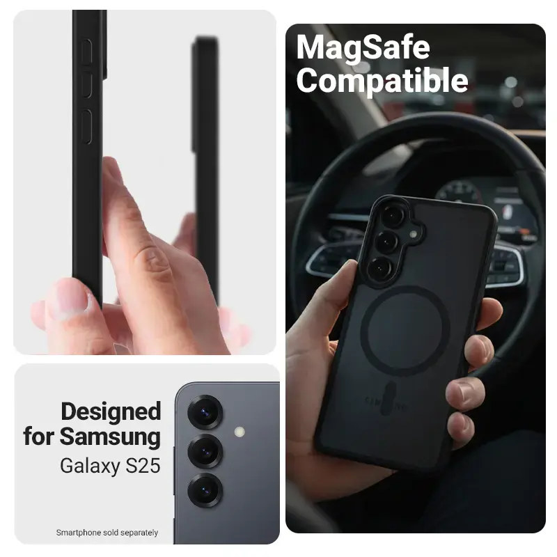 Crong Hybrid Matte Magnetic korpusiņš Samsung Galaxy S25 — TPU+PC, magnētiskie gredzeni, melns