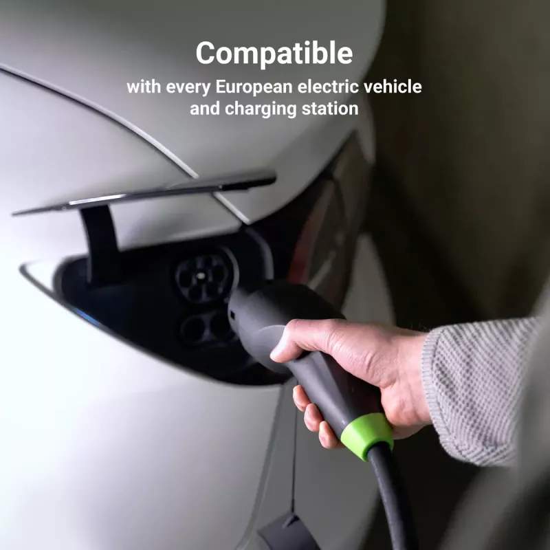 Elektrotransportlīdzekļa uzlādes kabelis zaļa Cell EVKABGC04 — Type 1 uz Type 2, 7 m, 11 kW, 16 A, melns