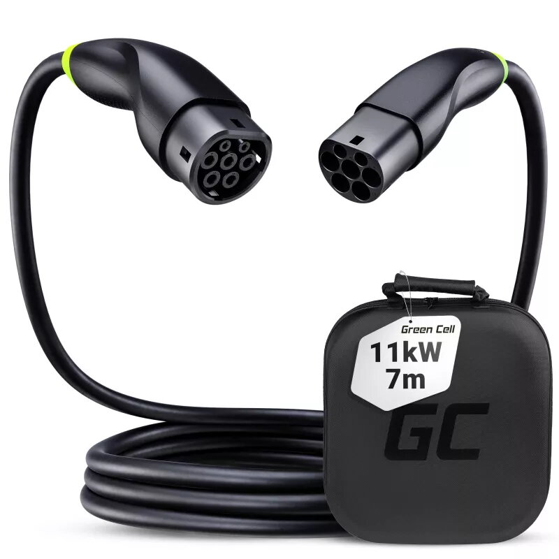 Elektrotransportlīdzekļa uzlādes kabelis zaļa Cell EVKABGC04 — Type 1 uz Type 2, 7 m, 11 kW, 16 A, melns