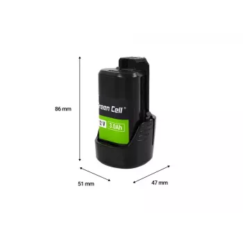 Bezvada instrumenta akumulators zaļa Cell PTBO12V3 — Li‑Ion 3 Ah, izmēri 5,1×4,7×8,6 cm