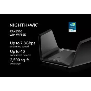 NETGEAR Nighthawk AXE7800 WiFi maršrutētājs (RAXE300), Wi-Fi 6 (802.11ax), Trīsjoslu (2.4 GHz / 5 GHz / 5 GHz), Ethernet LAN, Melns, Portatīvs maršrutētājs