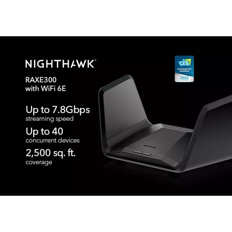 NETGEAR Nighthawk AXE7800 WiFi maršrutētājs (RAXE300), Wi-Fi 6 (802.11ax), Trīsjoslu (2.4 GHz / 5 GHz / 5 GHz), Ethernet LAN, Melns, Portatīvs maršrutētājs