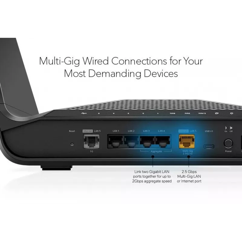 NETGEAR Nighthawk AXE7800 WiFi maršrutētājs (RAXE300), Wi-Fi 6 (802.11ax), Trīsjoslu (2.4 GHz / 5 GHz / 5 GHz), Ethernet LAN, Melns, Portatīvs maršrutētājs