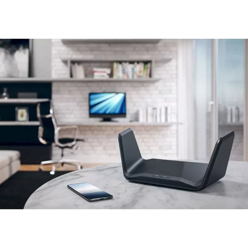 NETGEAR Nighthawk AXE7800 WiFi maršrutētājs (RAXE300), Wi-Fi 6 (802.11ax), Trīsjoslu (2.4 GHz / 5 GHz / 5 GHz), Ethernet LAN, Melns, Portatīvs maršrutētājs