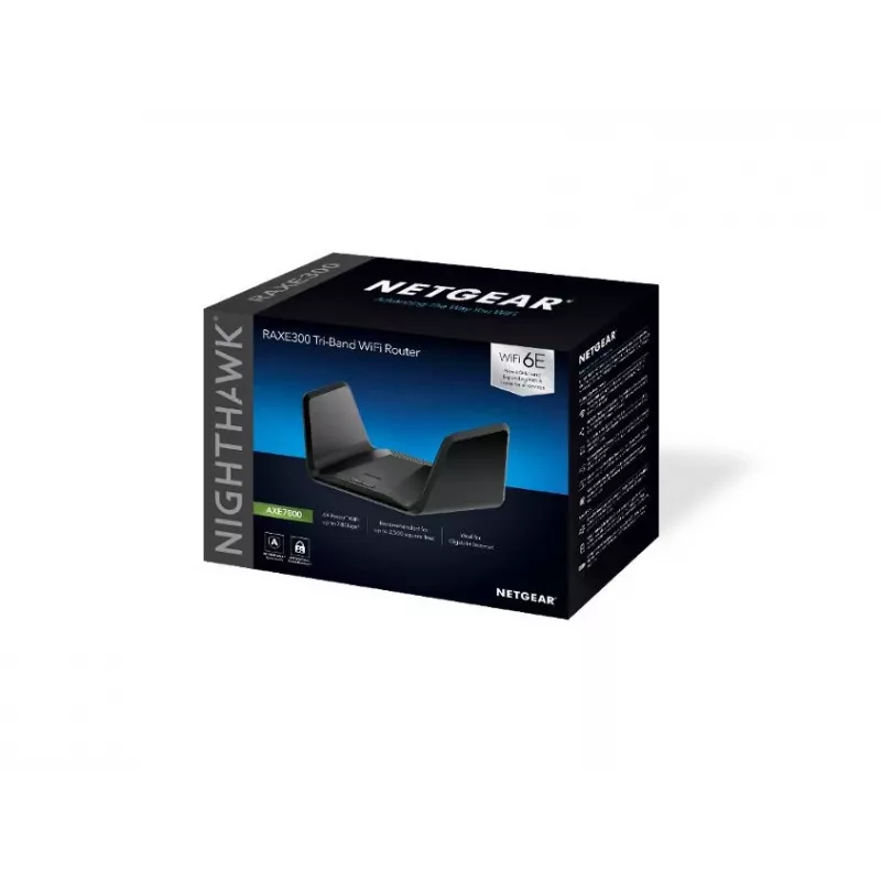 NETGEAR Nighthawk AXE7800 WiFi maršrutētājs (RAXE300), Wi-Fi 6 (802.11ax), Trīsjoslu (2.4 GHz / 5 GHz / 5 GHz), Ethernet LAN, Melns, Portatīvs maršrutētājs