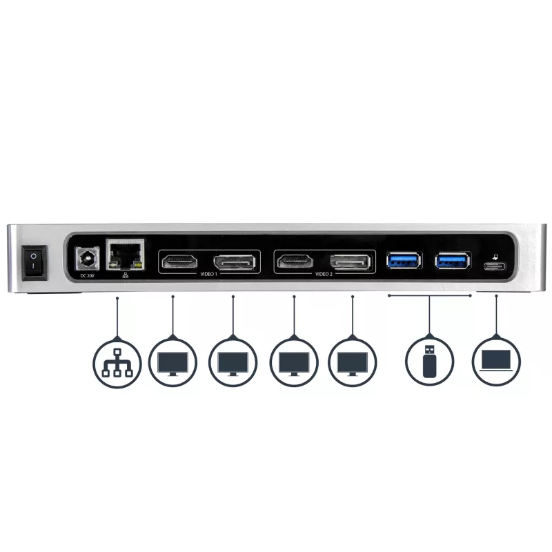 StarTech.com USB-C un USB-A dokstacija - divu monitoru 4K 60Hz dokstacija DisplayPort + HDMI - hibrīda USB 3.0 dokstacija USB-C vai USB-A klēpjdatoriem - 6x USB Type-A, GbE - USB 3.1 Gen 1 - Mac/Windows