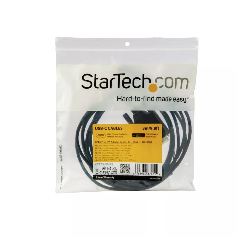 StarTech.com 3 m USB-C uz DVI kabelis - 1080p (Single Link) USB Type-C (DP Alt Mode HBR2) uz DVI-Digitālo video adaptera kabelis - Darbojas ar Thunderbolt 3 - Klēpjdatoru uz DVI monitoru/displeju