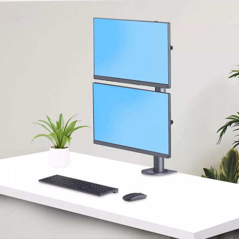 StarTech.com galda stiprinājums 2 vertikāli sakrautiem monitoriem, divi 49 collu, kopējais svars 32 kg, C-skava, ātrās atbrīvošanas VESA sistēma, platekrāna 16:9/ultraplatekrāna 32:9, TAA