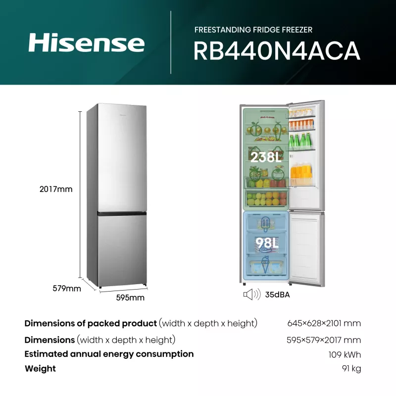 Hisense RB440N4ACA Brīvstāvošs 336 L Nerūsējošais tērauds