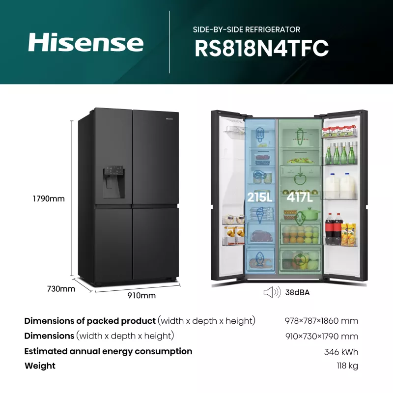 Hisense RS818N4TFC sāniski novietota saldētava Ledusskapis Brīvi stāvošs 632 L Melns, Nerūsējošais tērauds