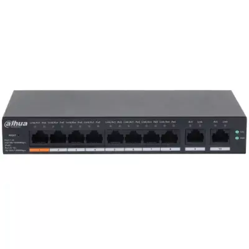 Pārvaldāms L2 Gigabit PoE slēdzis DAHUA CS4010-8GT-60 — 10x Gigabit (10/100/1000), 20 Gbit/s, 8000 MAC, Galda/Sienas montāža, Melns