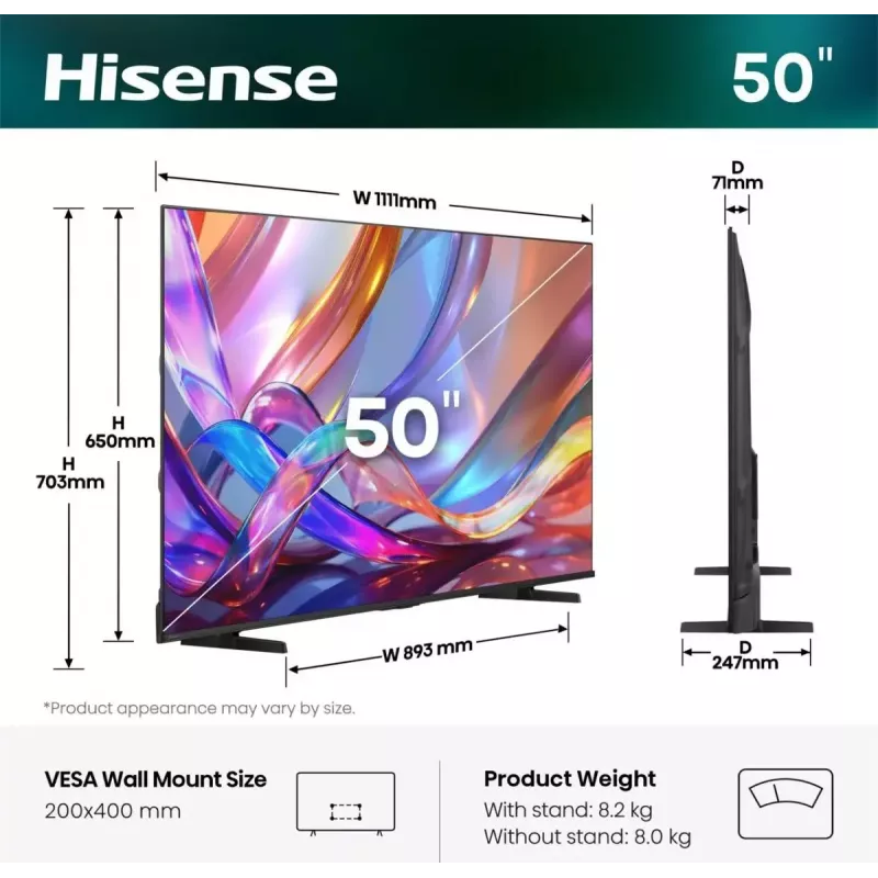 TV Hisense 50Q7S 50 collas (127 cm) QLED 4K Ultra HD viedtelevizors, Direct-LED, HomeOS, Wi‑Fi, melns