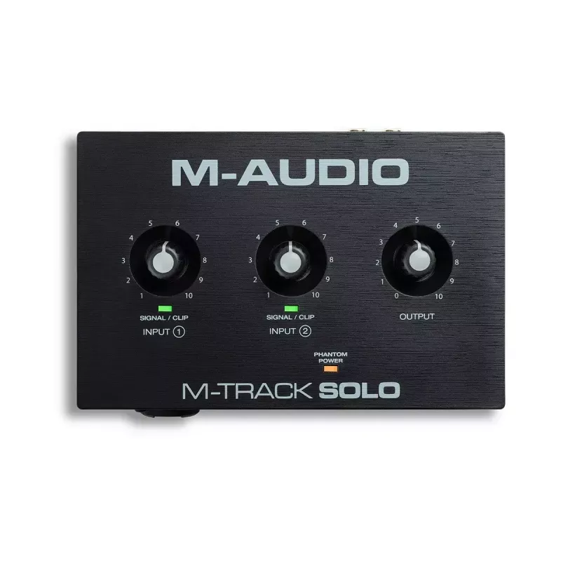 Audio interfeiss M-Audio M-Track Solo — USB 16 bitu/48 kHz, 1-ieeja/1-izeja, XLR/TRS kombinētā un instrumentu ieeja, 48 V fantoma barošana, austiņu izeja