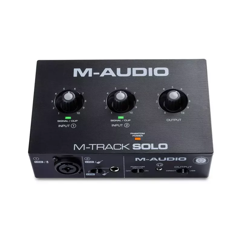 Audio interfeiss M-Audio M-Track Solo — USB 16 bitu/48 kHz, 1-ieeja/1-izeja, XLR/TRS kombinētā un instrumentu ieeja, 48 V fantoma barošana, austiņu izeja