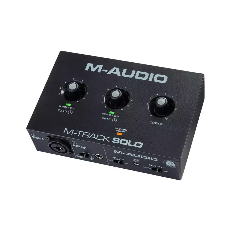 Audio interfeiss M-Audio M-Track Solo — USB 16 bitu/48 kHz, 1-ieeja/1-izeja, XLR/TRS kombinētā un instrumentu ieeja, 48 V fantoma barošana, austiņu izeja