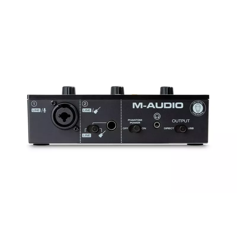 Audio interfeiss M-Audio M-Track Solo — USB 16 bitu/48 kHz, 1-ieeja/1-izeja, XLR/TRS kombinētā un instrumentu ieeja, 48 V fantoma barošana, austiņu izeja
