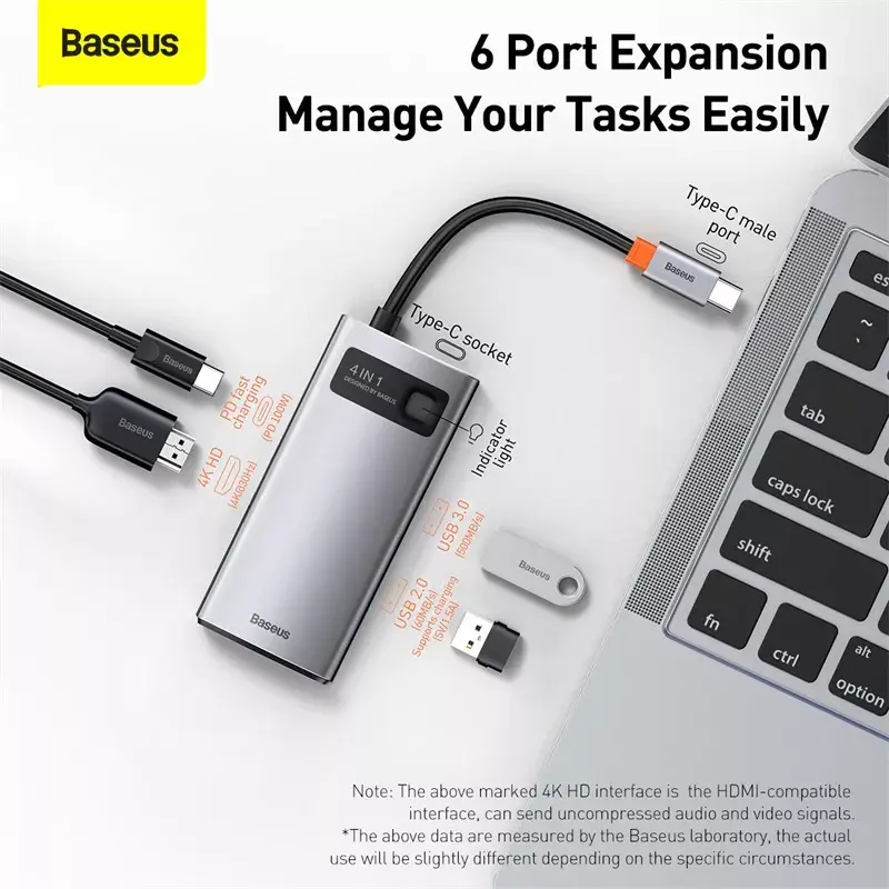 Baseus Metal Gleam USB 3.2 Gen 1 Type-C pelēka 100W Power Delivery 4K Ultra HD