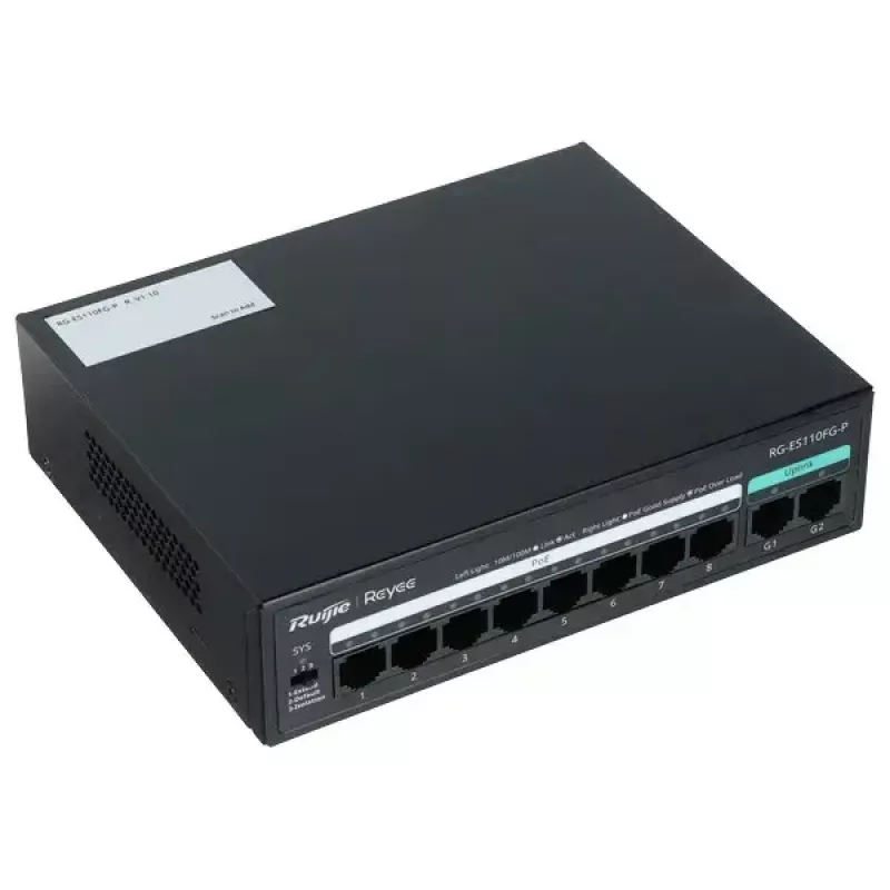 RUIJIE nepārvaldīts PoE slēdzis RG-ES110FG-P — 10 portu Gigabit (10/100/1000) ar 1 SFP, 120W, 20 Gbps komutācija