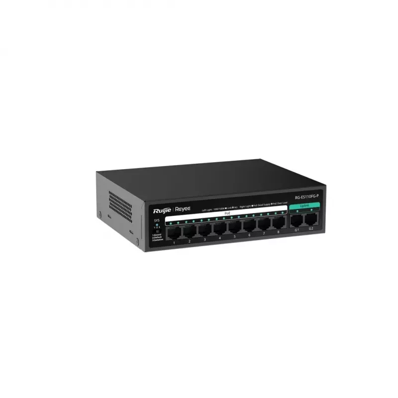 RUIJIE nepārvaldīts PoE slēdzis RG-ES110FG-P — 10 portu Gigabit (10/100/1000) ar 1 SFP, 120W, 20 Gbps komutācija