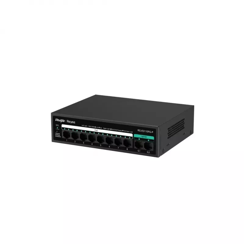 RUIJIE nepārvaldīts PoE slēdzis RG-ES110FG-P — 10 portu Gigabit (10/100/1000) ar 1 SFP, 120W, 20 Gbps komutācija