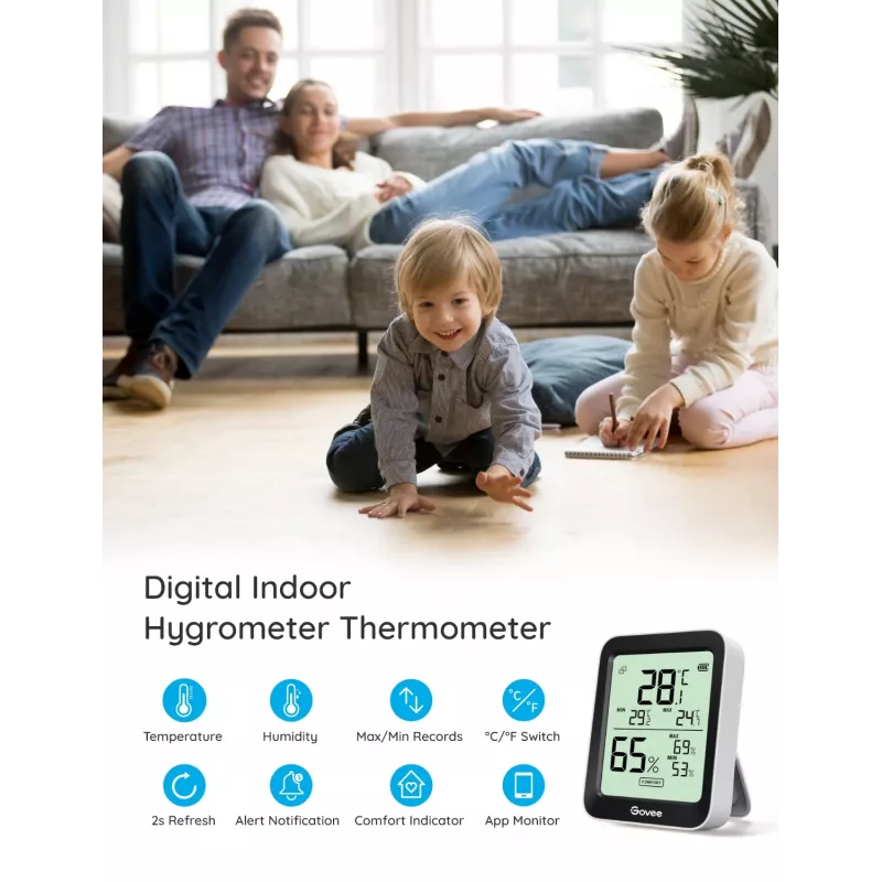 Govee H5075 iekštelpu temperatūras un mitruma sensors, brīvi novietojams, bezvadu