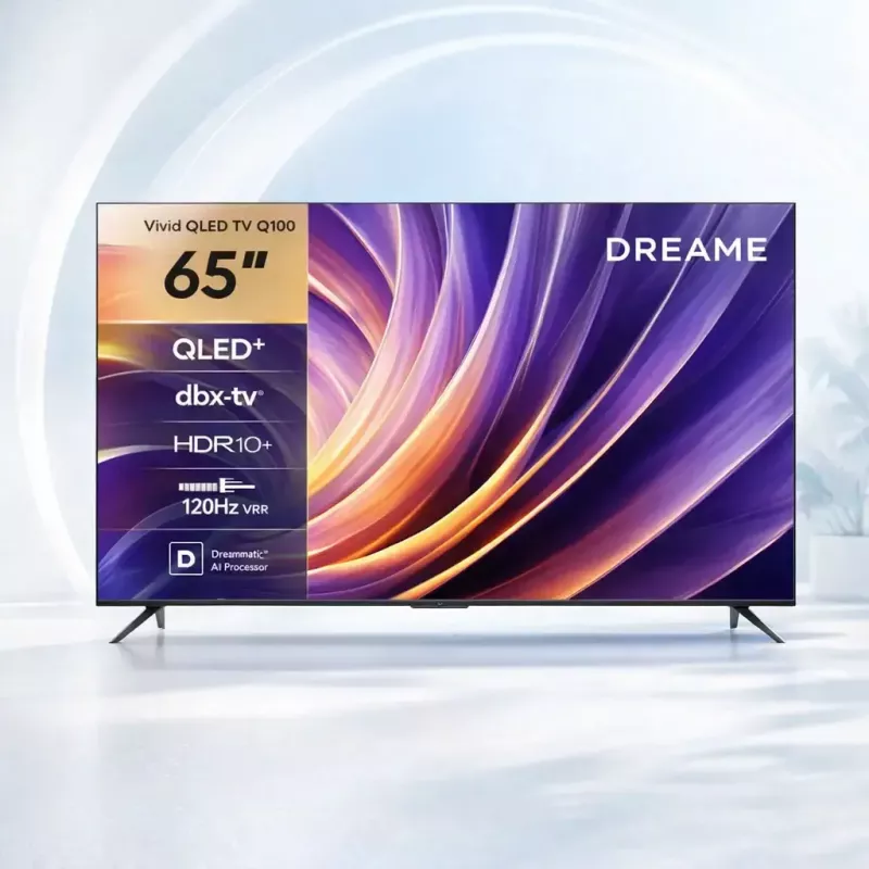 Viedais televizors Dreame Vivid Q100 65 collas, QLED+, 4K UHD, Google TV, 120Hz, AI procesors, melns