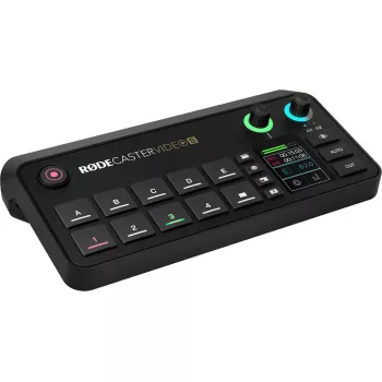 Daudzkanālu podkāstu un tiešraižu producēšanas konsole Rode RodeCaster Video S RCVS-E — skārienekrāns, Wi‑Fi, Bluetooth 5.3, 5x USB-C, 3x HDMI ieeja, 1x HDMI izeja, microSD