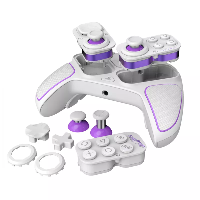 Spēļu kontrolieris VICTRIX 052-002-WH ar vadu un bezvadu savienojumu RF/USB, USB-C, 2000 mAh, PC/PS4/PS5, violets/baltums