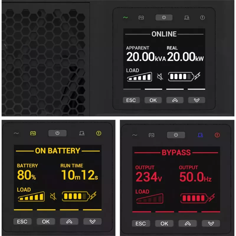APC Smart-UPS On-Line, 15kVA/15kW, Rack/Tower, 230V/380V...415V, Cietā vada 5 dzīslu (3P+N+E)+3 dzīslu (1P+N+E), Tīkla karte, Bez montāžas sliežu komplekta