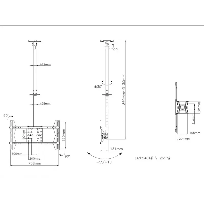 Ceiling Mount Multibrackets M Public Large Single Melns 3000