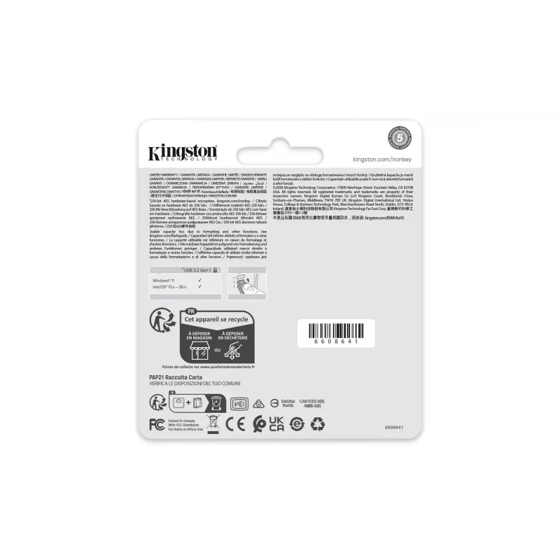 USB zibatmiņa KINGSTON IronKey Locker Plus 50 G2 256 GB, USB Type-A, USB 3.2 Gen 1, AES-256, FIPS 197