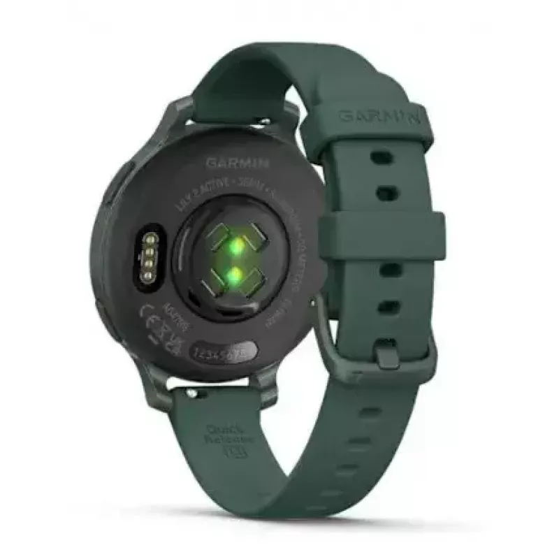 Smartwatch GARMIN Lily 2 Active zaļa — 38 mm alumīnija korpuss, silikona siksniņa, GPS, SpO2, 5 ATM, baterija 9 dienas