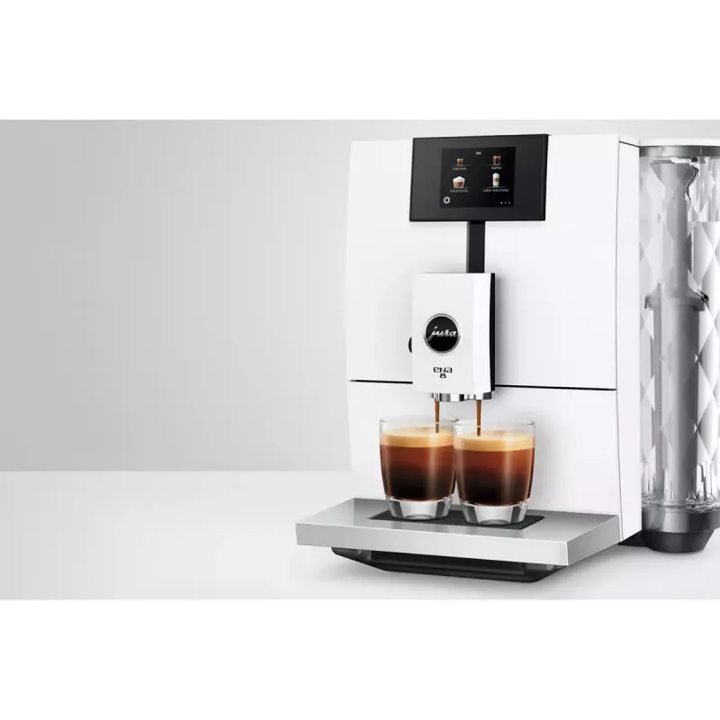 Espresso automāts JURA ENA 8 (EC) — pilnībā automātisks, 1,1 L ūdens tvertne, 125 g pupiņu tvertne, 15 programmas, 15 bāri, termobloks, Wi‑Fi, balts
