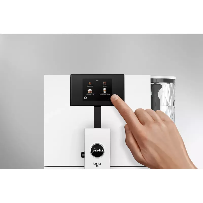 Espresso automāts JURA ENA 8 (EC) — pilnībā automātisks, 1,1 L ūdens tvertne, 125 g pupiņu tvertne, 15 programmas, 15 bāri, termobloks, Wi‑Fi, balts