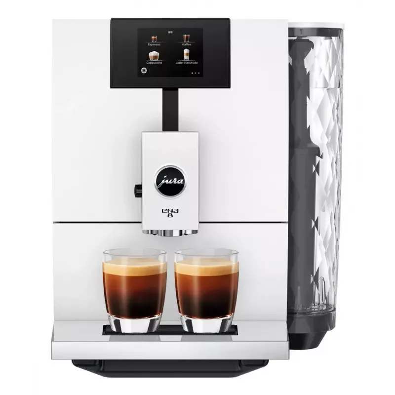 Espresso automāts JURA ENA 8 (EC) — pilnībā automātisks, 1,1 L ūdens tvertne, 125 g pupiņu tvertne, 15 programmas, 15 bāri, termobloks, Wi‑Fi, balts