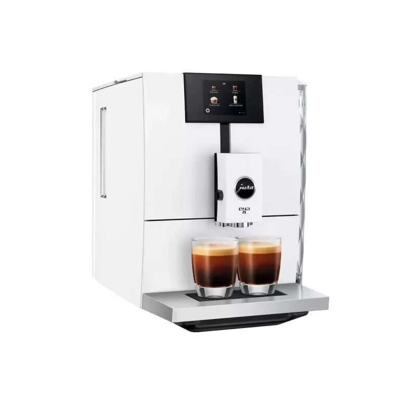 Espresso automāts JURA ENA 8 (EC) — pilnībā automātisks, 1,1 L ūdens tvertne, 125 g pupiņu tvertne, 15 programmas, 15 bāri, termobloks, Wi‑Fi, balts