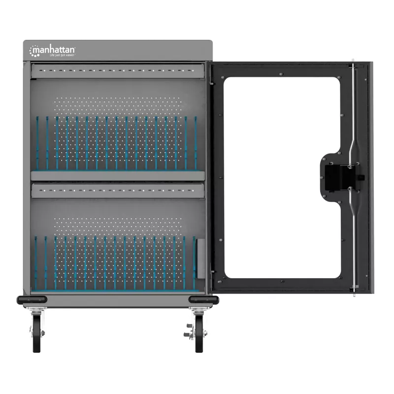 Manhattan iPad līdz 13 collām, MacBook Air līdz 15 collām un Chromebook 15,6 collu 32 nodalījumu uzlādes ratiņi/rati, izmantojot USB-C, arī citi planšetdatori/viedtālruņi (ar ierīces uz USB-C kabeli), nodalījumi 404x27,6x283mm, ierīču uzlādes kabeļi nav iekļauti (ieteicams USB-C kabelis 354868), skapis