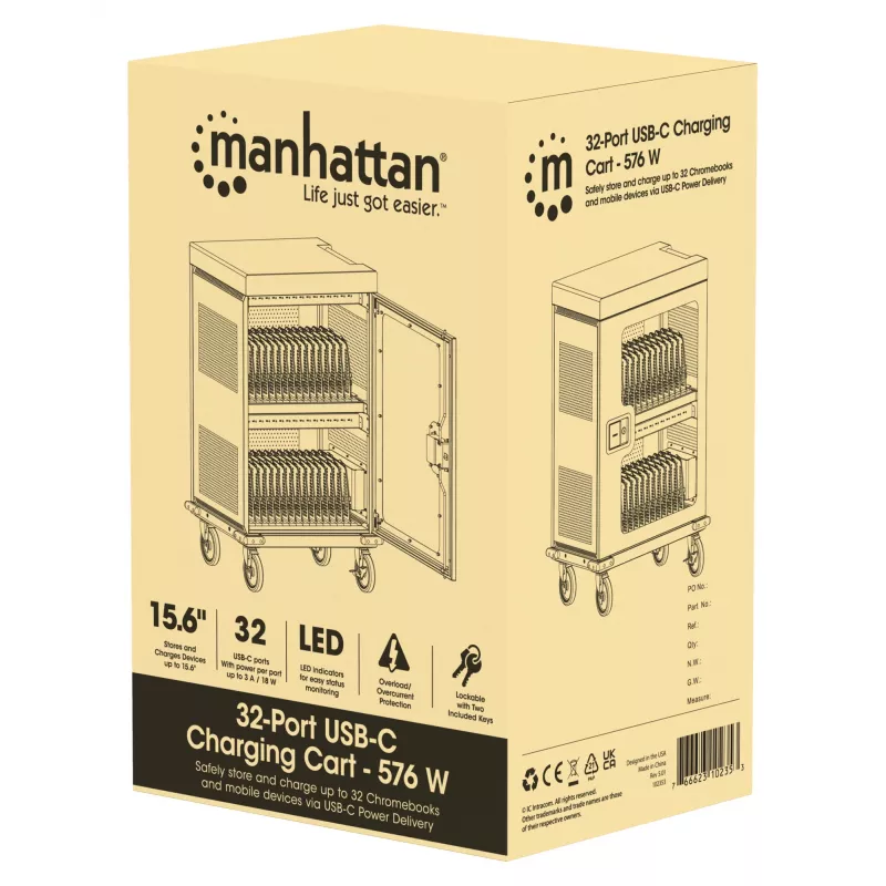 Manhattan iPad līdz 13 collām, MacBook Air līdz 15 collām un Chromebook 15,6 collu 32 nodalījumu uzlādes ratiņi/rati, izmantojot USB-C, arī citi planšetdatori/viedtālruņi (ar ierīces uz USB-C kabeli), nodalījumi 404x27,6x283mm, ierīču uzlādes kabeļi nav iekļauti (ieteicams USB-C kabelis 354868), skapis