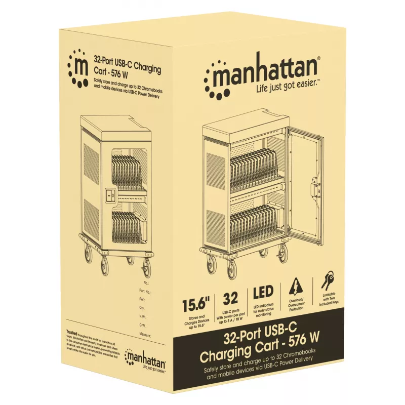 Manhattan iPad līdz 13 collām, MacBook Air līdz 15 collām un Chromebook 15,6 collu 32 nodalījumu uzlādes ratiņi/rati, izmantojot USB-C, arī citi planšetdatori/viedtālruņi (ar ierīces uz USB-C kabeli), nodalījumi 404x27,6x283mm, ierīču uzlādes kabeļi nav iekļauti (ieteicams USB-C kabelis 354868), skapis
