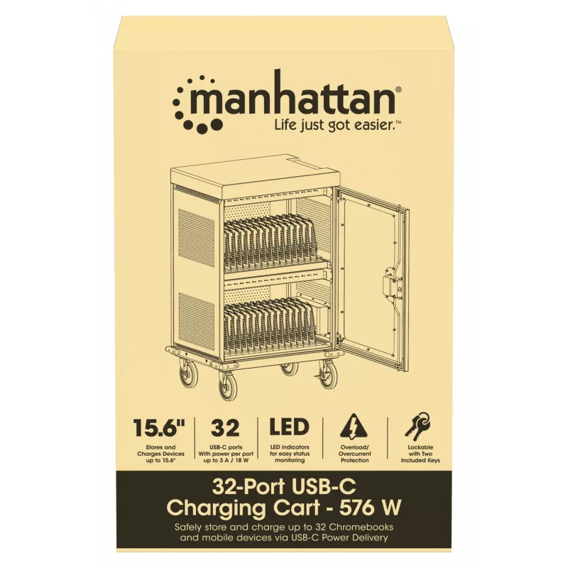 Manhattan iPad līdz 13 collām, MacBook Air līdz 15 collām un Chromebook 15,6 collu 32 nodalījumu uzlādes ratiņi/rati, izmantojot USB-C, arī citi planšetdatori/viedtālruņi (ar ierīces uz USB-C kabeli), nodalījumi 404x27,6x283mm, ierīču uzlādes kabeļi nav iekļauti (ieteicams USB-C kabelis 354868), skapis
