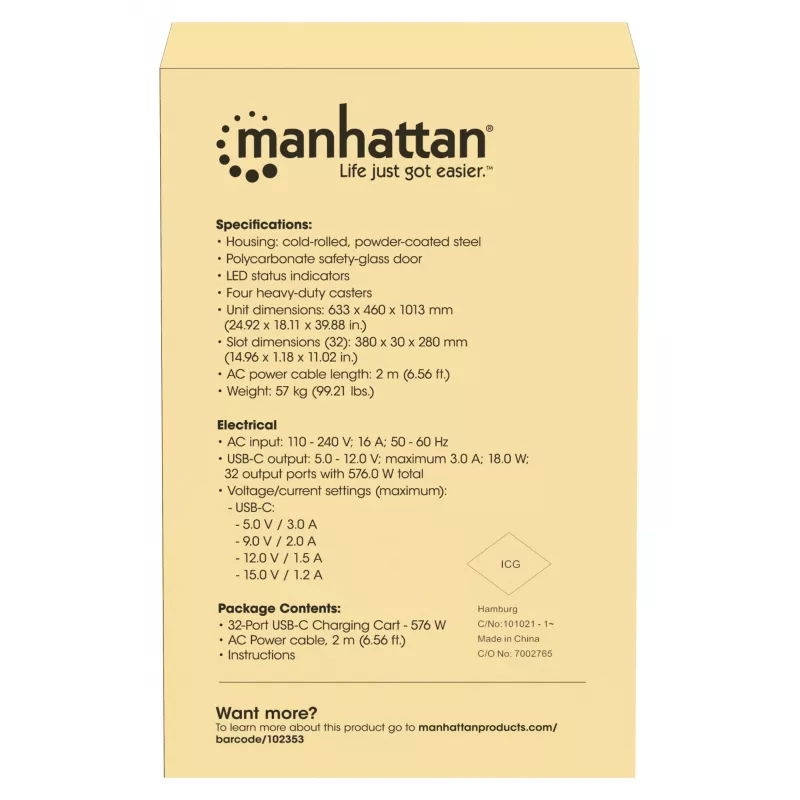 Manhattan iPad līdz 13 collām, MacBook Air līdz 15 collām un Chromebook 15,6 collu 32 nodalījumu uzlādes ratiņi/rati, izmantojot USB-C, arī citi planšetdatori/viedtālruņi (ar ierīces uz USB-C kabeli), nodalījumi 404x27,6x283mm, ierīču uzlādes kabeļi nav iekļauti (ieteicams USB-C kabelis 354868), skapis