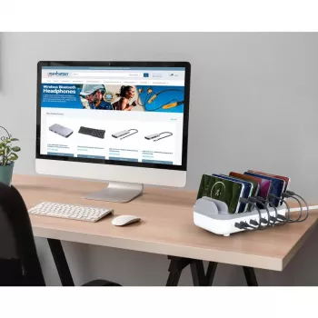 Manhattan 10 portu USB-C uzlādes stacija, USB-C izeja: 10x 20W, maks. 200W, maiņstrāvas barošana (komplektā ASV/ES/AK adapteri)