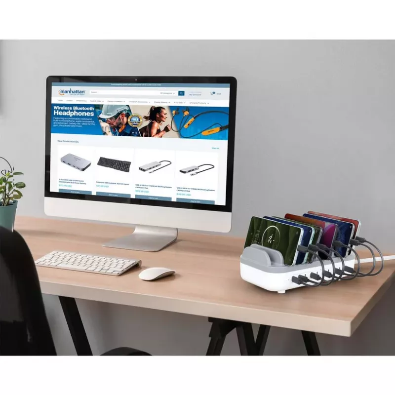 Manhattan 10 portu USB-C uzlādes stacija, USB-C izeja: 10x 20W, maks. 200W, maiņstrāvas barošana (komplektā ASV/ES/AK adapteri)